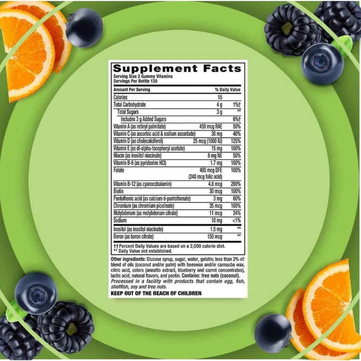 Tabla nutricional del suplemento Vitafusion MultiVites Esencial Multivitamínico Natural 260 gomitas