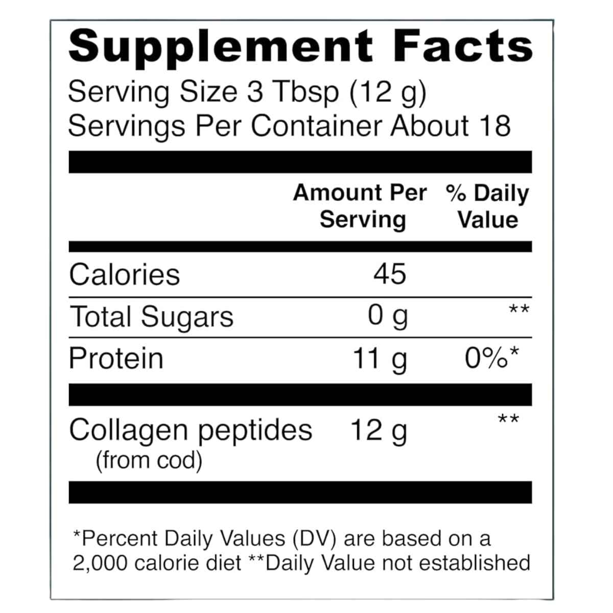 Tabla nutricional del suplemento Vital Proteins colágeno marino en polvo con información de ingredientes y valores por porción 221g