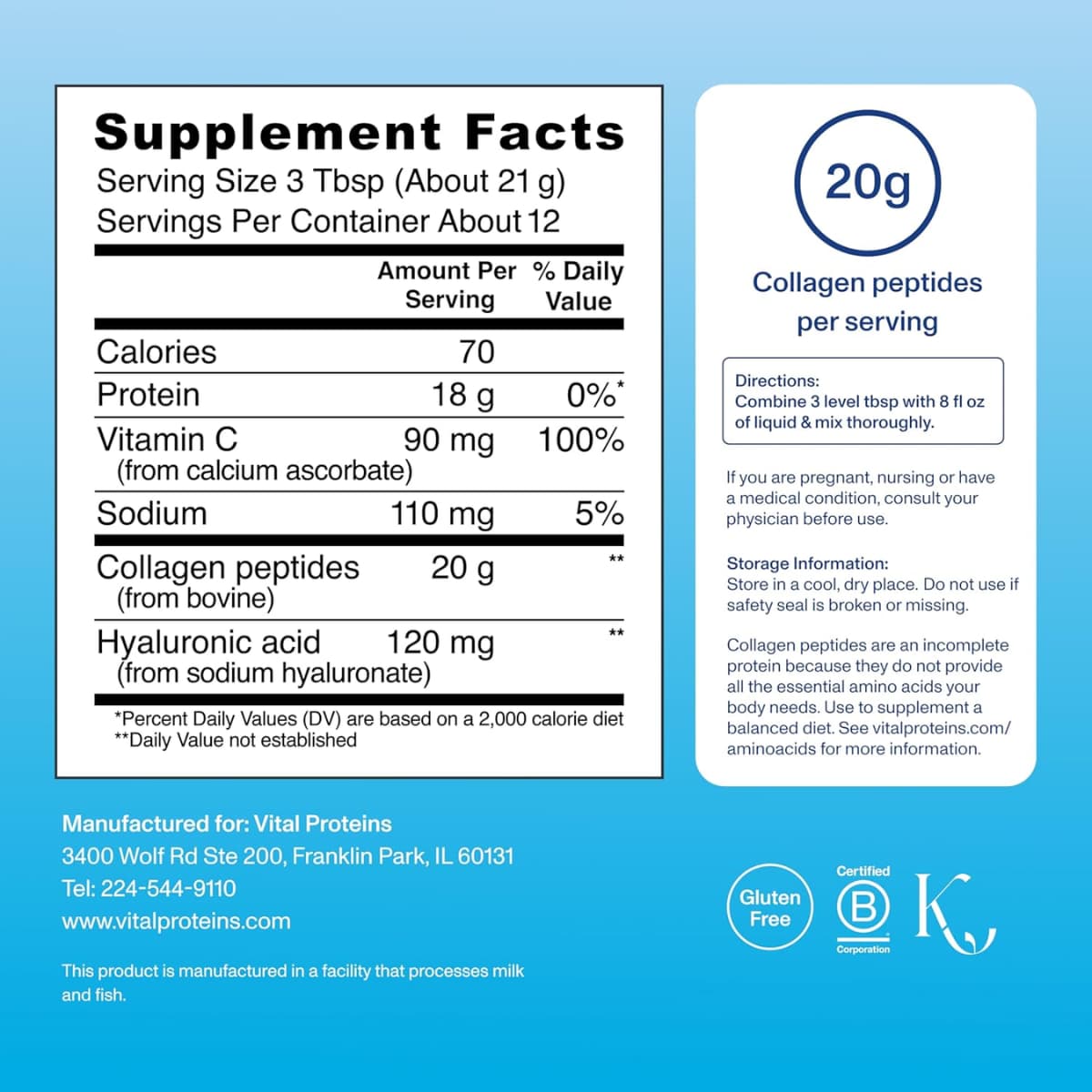 Tabla nutricional del suplemento Vital Proteins Péptidos de Colágeno Avanzado Sin Sabor 265 g