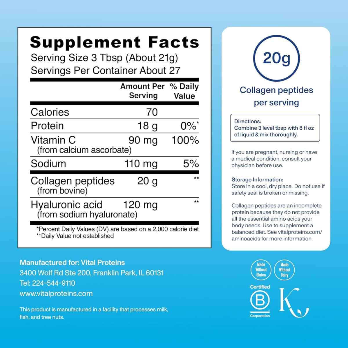 Tabla nutricional del suplemento Vital Proteins Péptidos de Colágeno Avanzado Sin Sabor 567 g