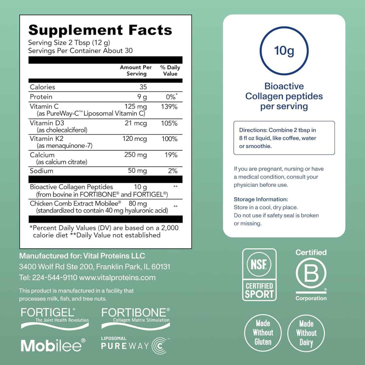 Tabla nutricional del suplemento Vital Proteins Complejo de Colágeno Bioactivo 365 g