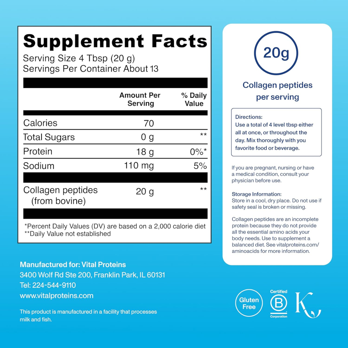 Información del suplemento de Vital Proteins péptidos de colágeno sin sabor, 265 g