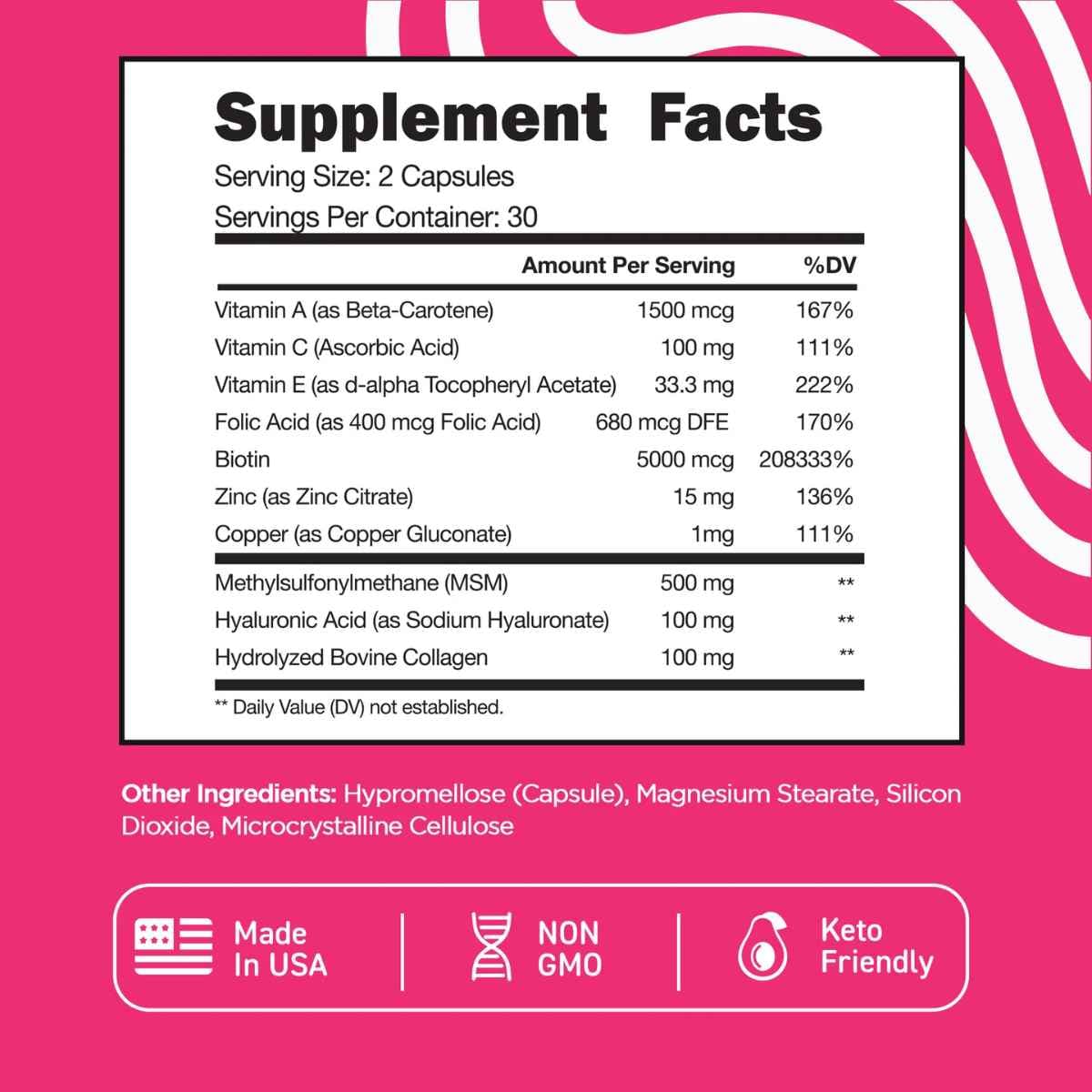 Tabla nutricional del suplemento Vital Vitamins Biotin Complex con Colágeno y Ácido Hialurónico 60 cápsulas