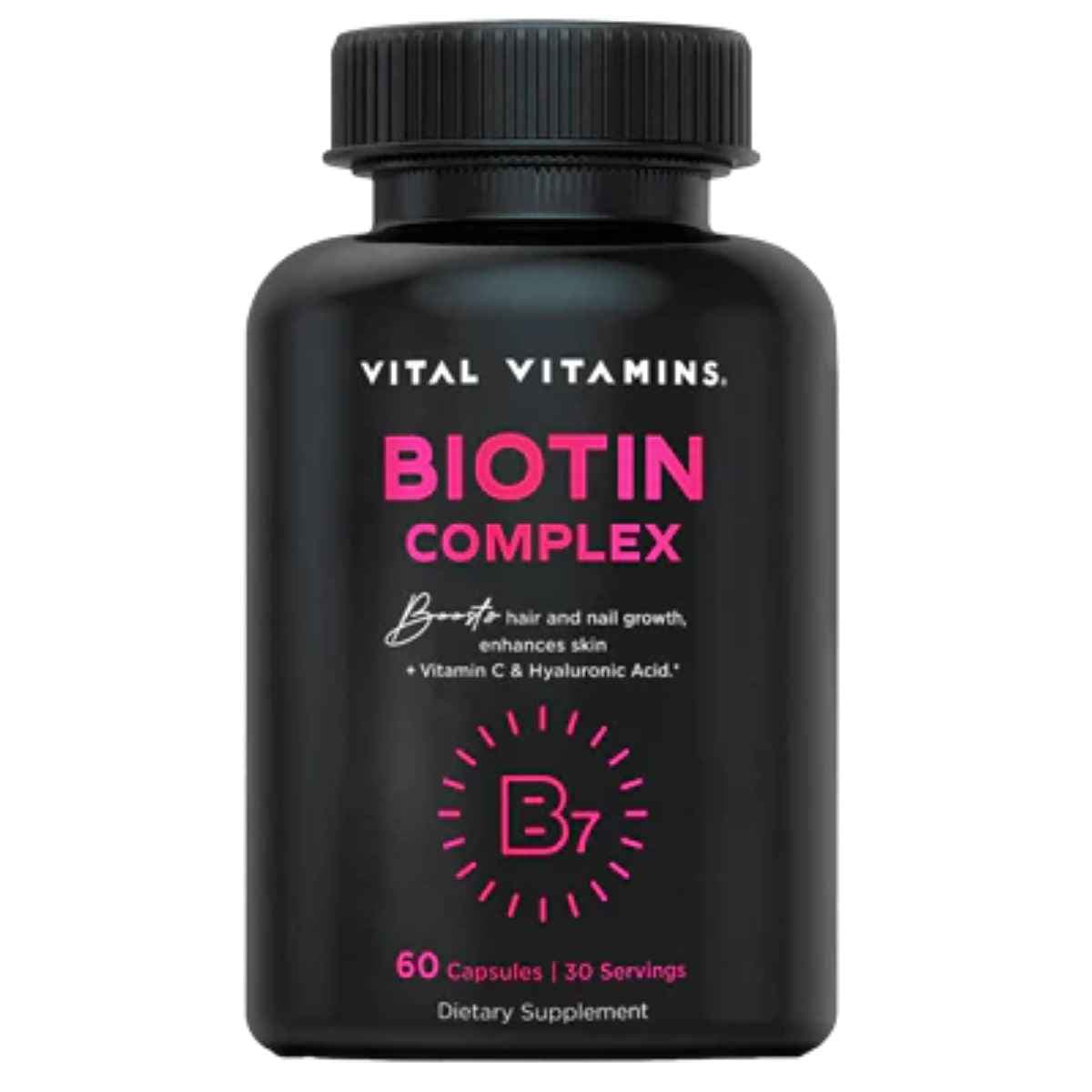 Frasco de suplemento Vital Vitamins Biotin Complex con Colágeno y Ácido Hialurónico 60 cápsulas