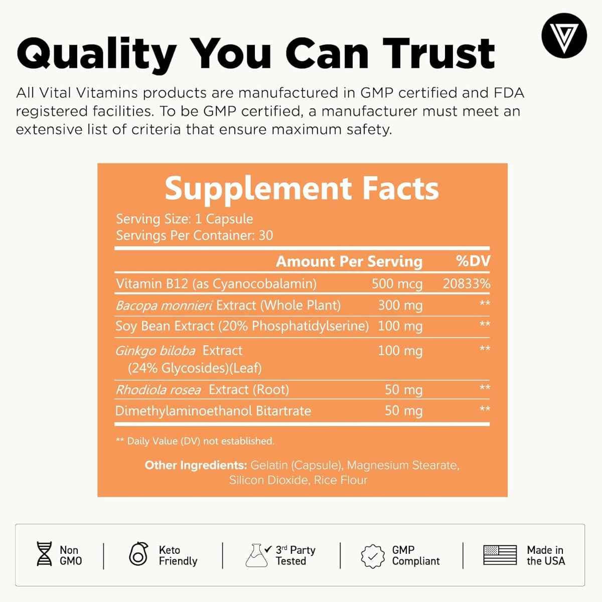Tabla nutricional del suplemento Vital Vitamins Brain Booster 30 cápsulas