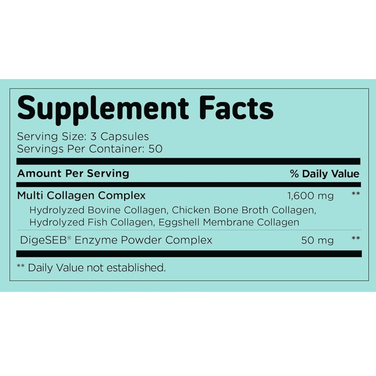 Etiqueta con información nutricional del suplemento Vital Vitamins Multi Collagen Complex en cápsulas