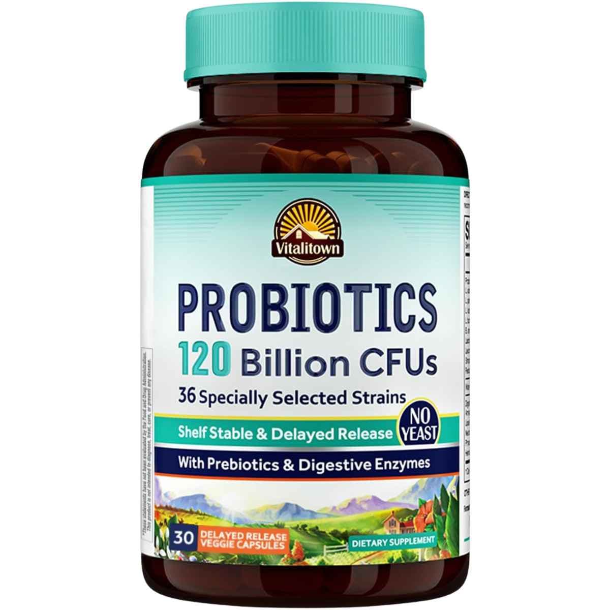 Frasco de suplemento Vitalitown Probióticos 36 Cepas 120 Billion CFUs 30 cápsulas