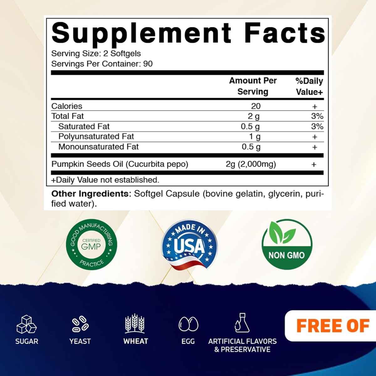 Tabla nutricional del suplemento Vitamatic Aceite de Semilla de Calabaza 180 cápsulas blandas