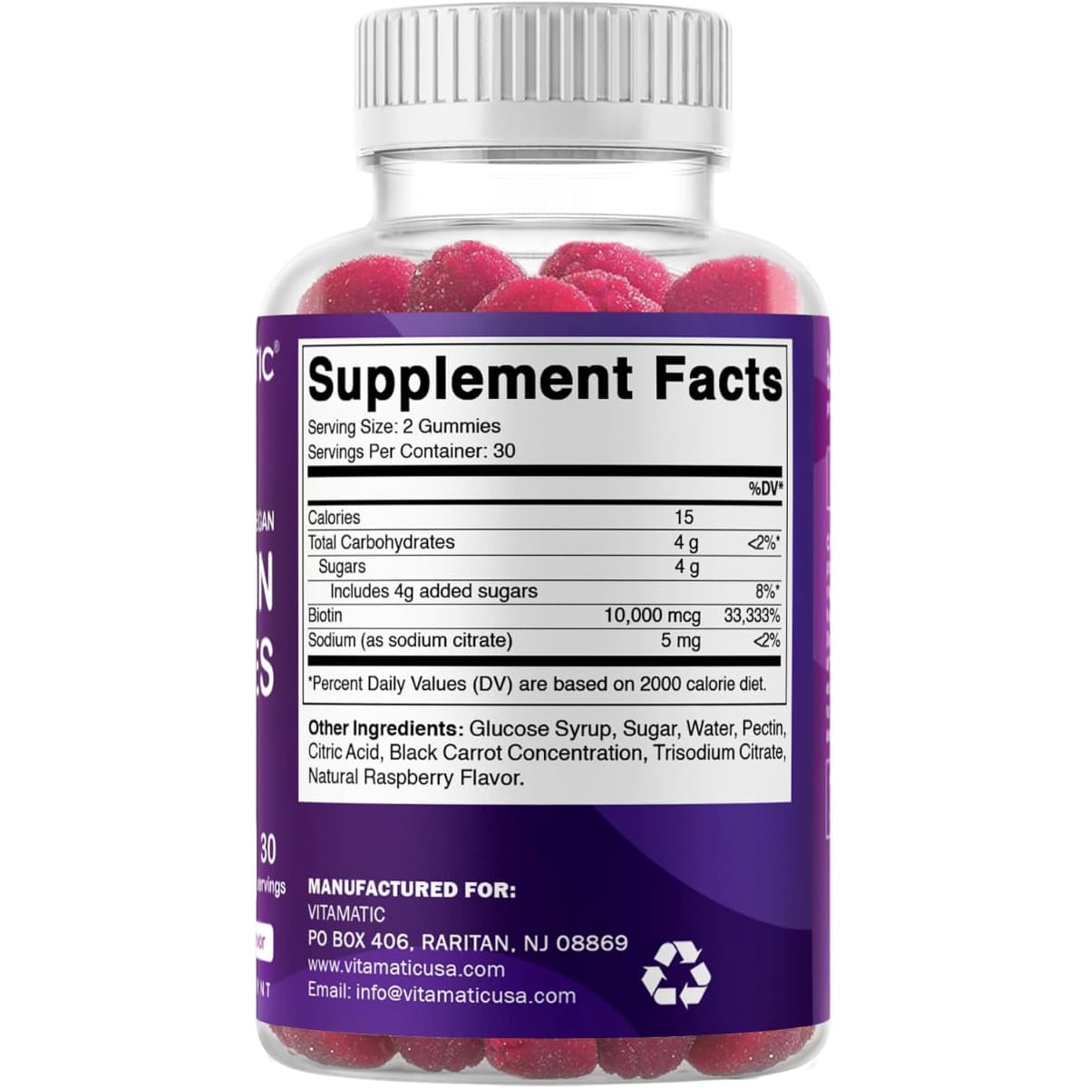 Tabla nutricional del suplemento Vitamatic Biotina Frambuesa 10.000 mcg 60 gomitas