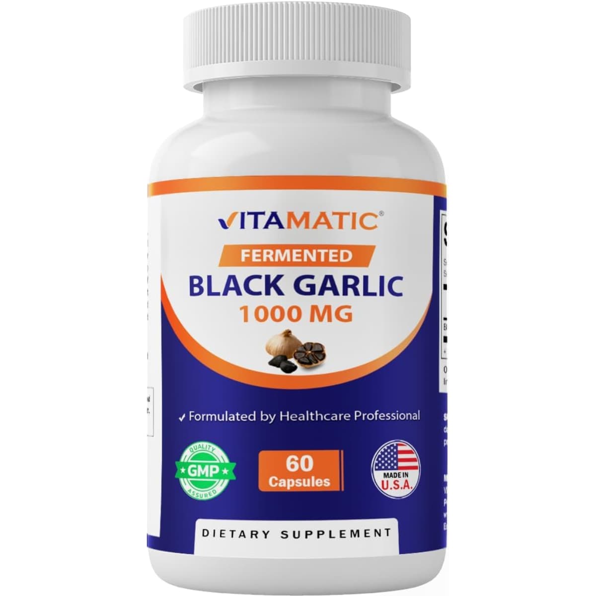Frasco de suplemento Vitamatic Extracto de Ajo Negro Fermentado 1000 mg 60 cápsulas