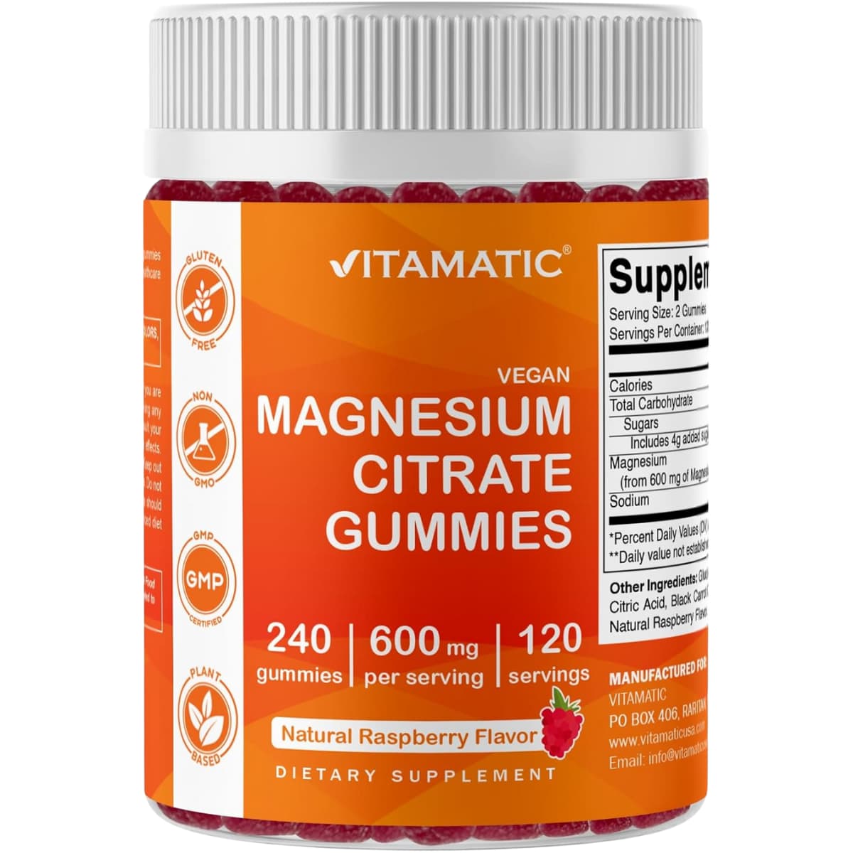 Frasco de suplemento Vitamatic Citrato de Magnesio Gomitas de Frambuesa 600 mg 240 gomitas