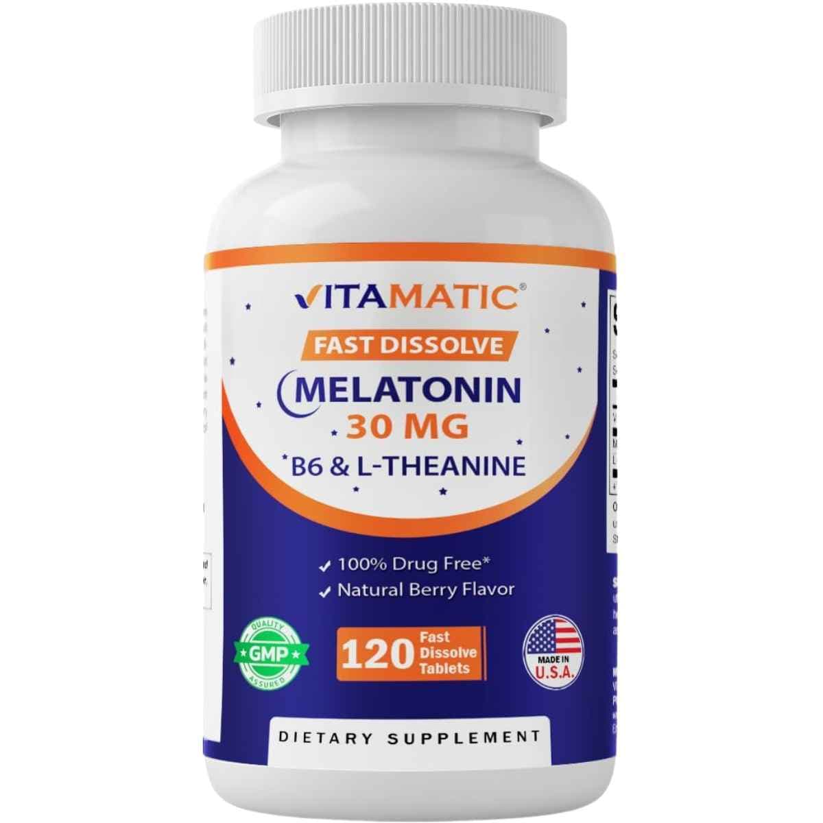 Frasco de suplemento Vitamatic Melatonina con B6 y L-Teanina (30 mg - 120 Tabletas Masticables)
