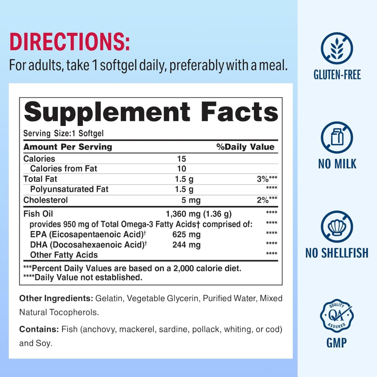 Tabla nutricional del suplemento Vitamin World Aceite de Pescado Omega-3 1360 mg 180 cápsulas blandas