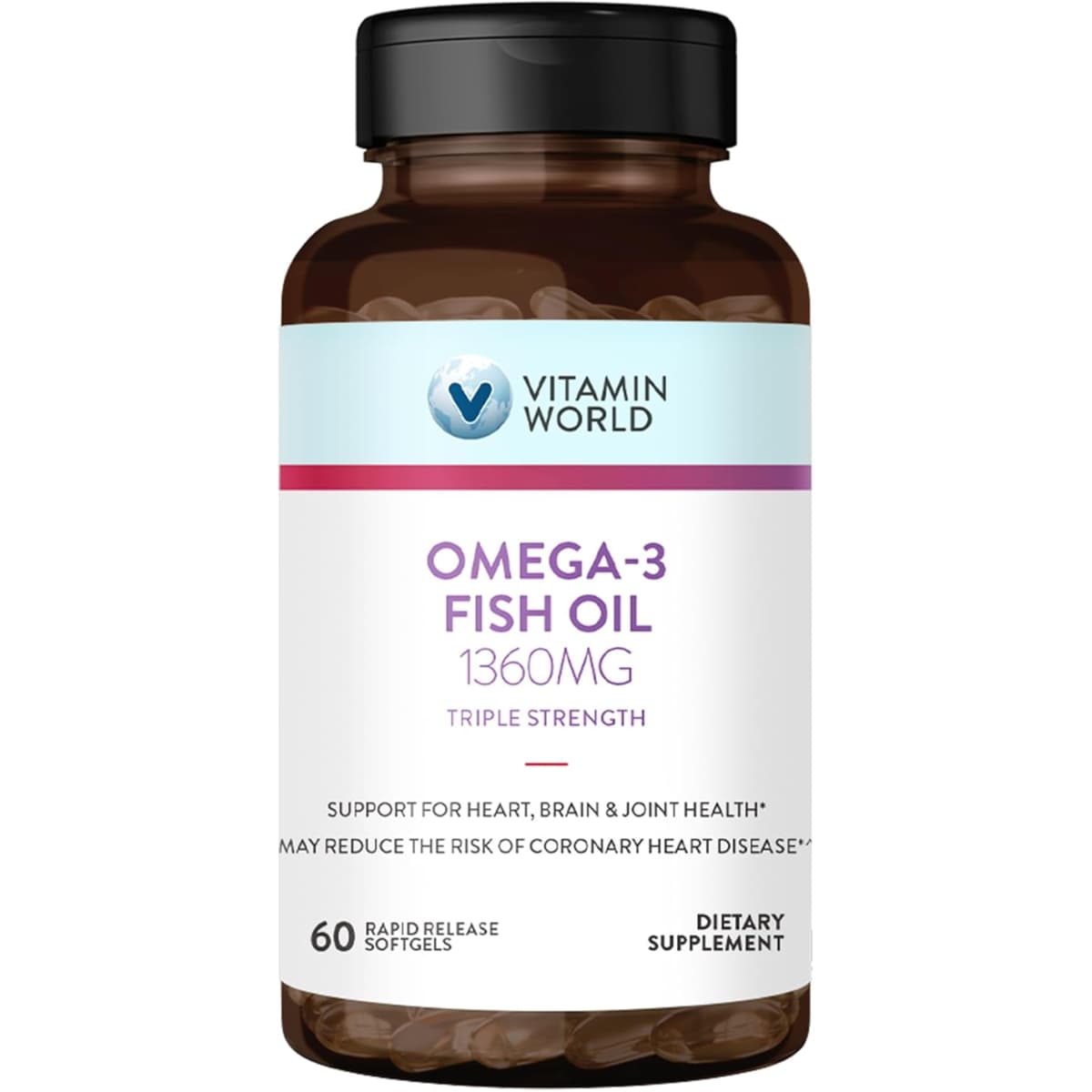 Frasco de suplemento Vitamin World Aceite de Pescado Omega-3 1360 mg 60 cápsulas blandas