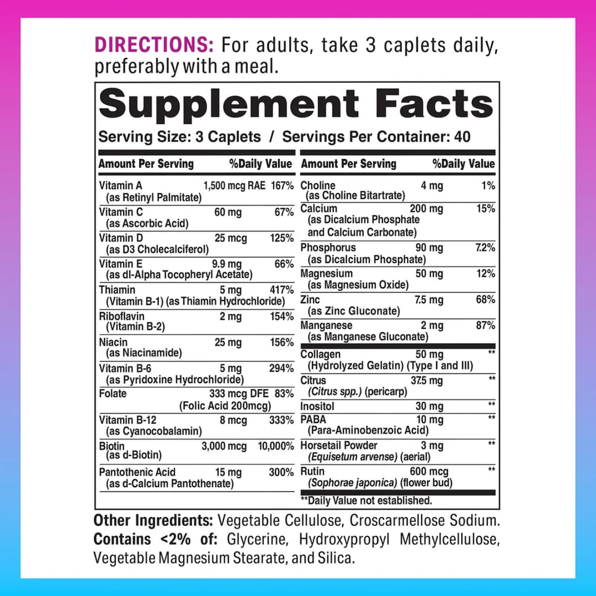 Tabla nutricional del suplemento Vitamin World Colágeno Tipo I y III Cabello, Piel y Uñas 120 cápsulas