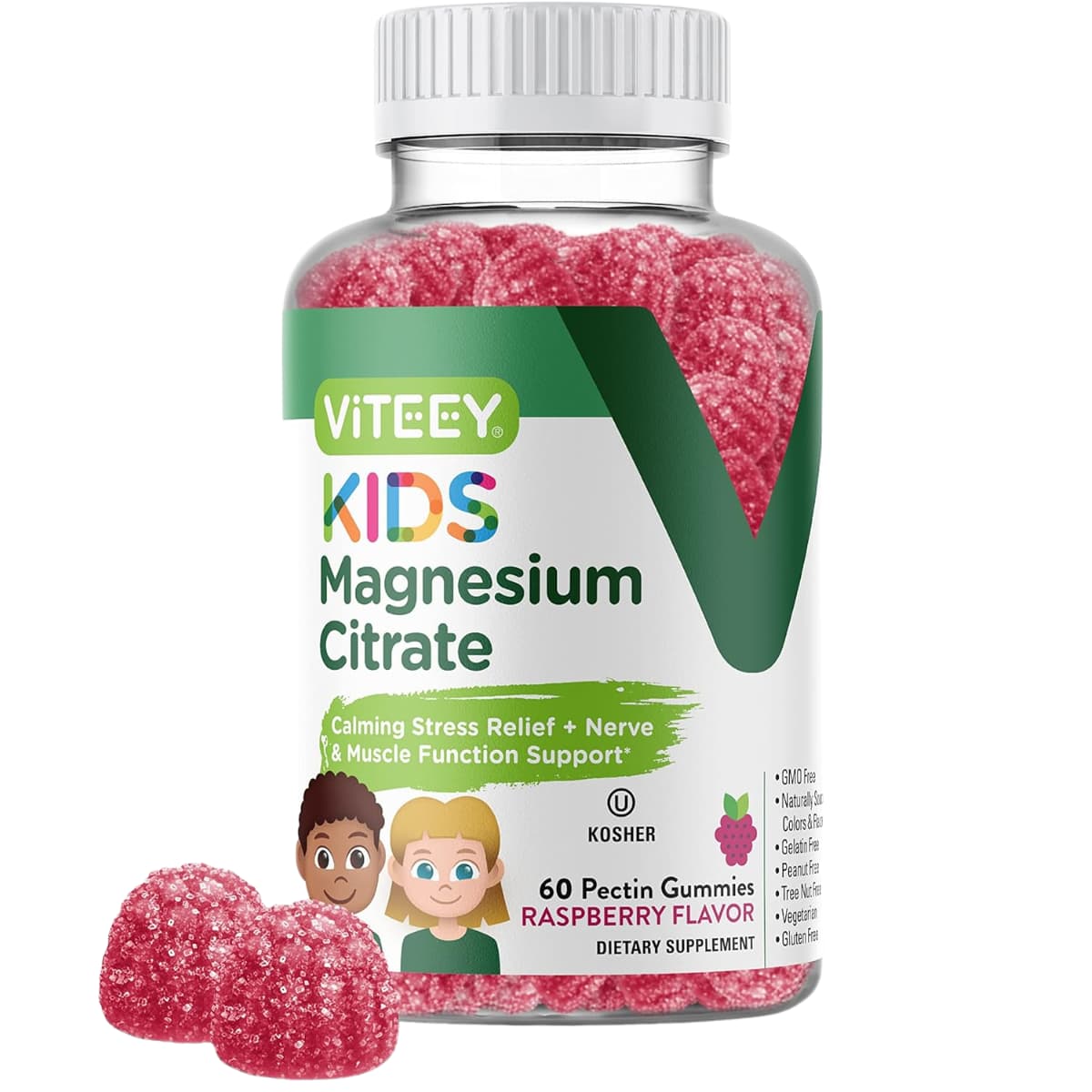 Frasco de VITEEY Magnesium Citrate Gummies sabor frambuesa de 60 gomitas
