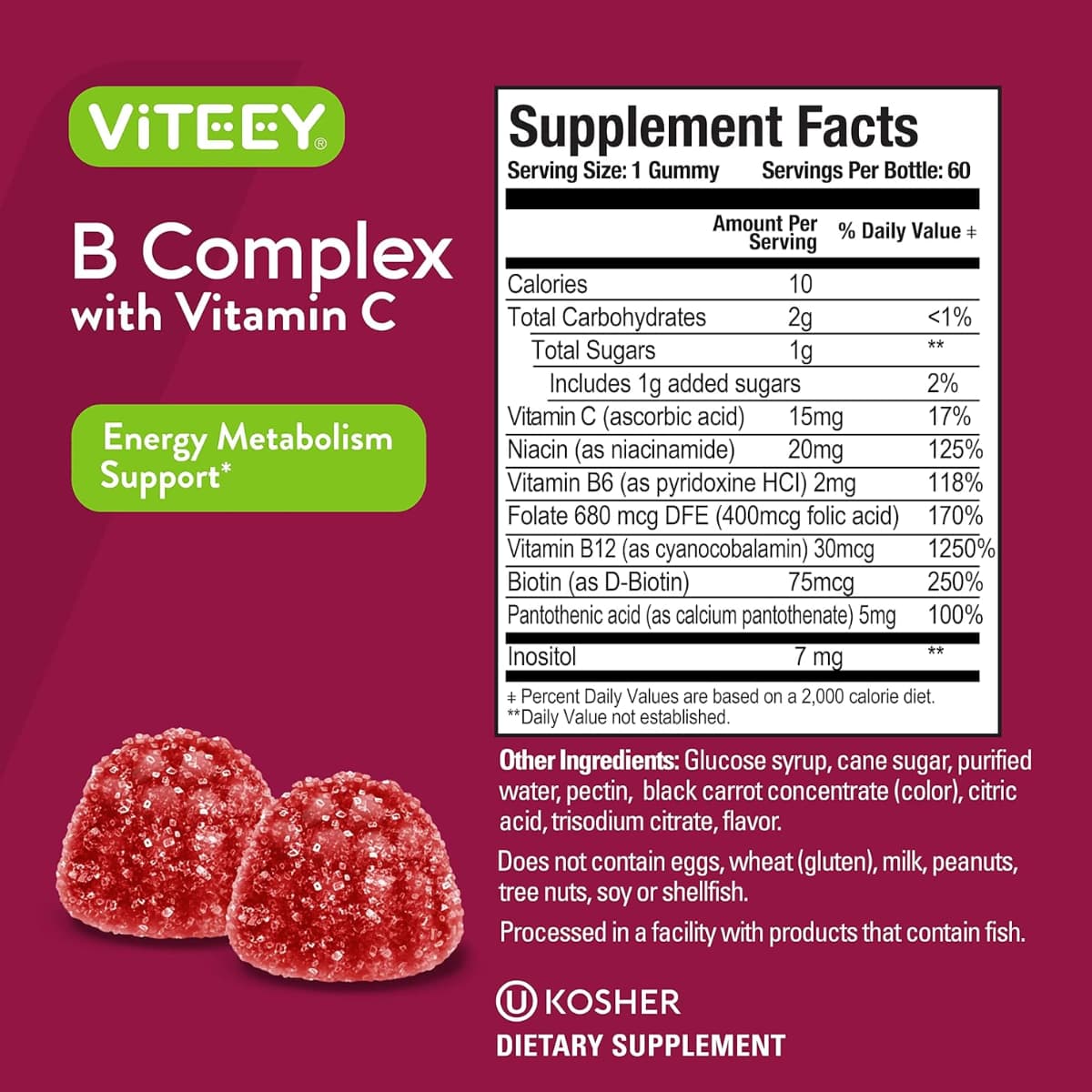 Tabla nutricional del suplemento Viteey Complejo B con Vitamina C Fresa 60 gomitas