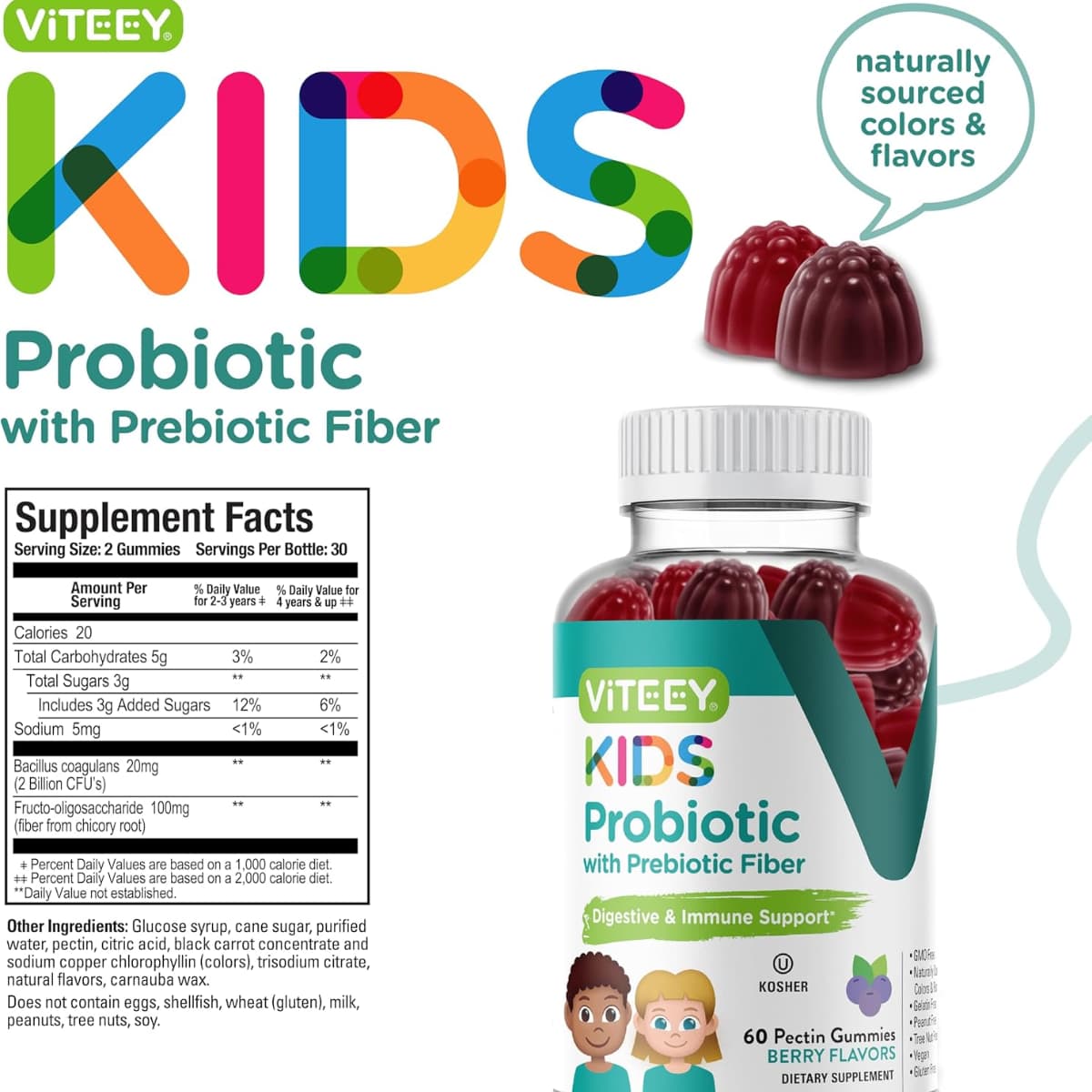 Tabla nutricional del suplemento Viteey Probióticos con Fibra Prebiótica sabor Bayas 60 gomitas