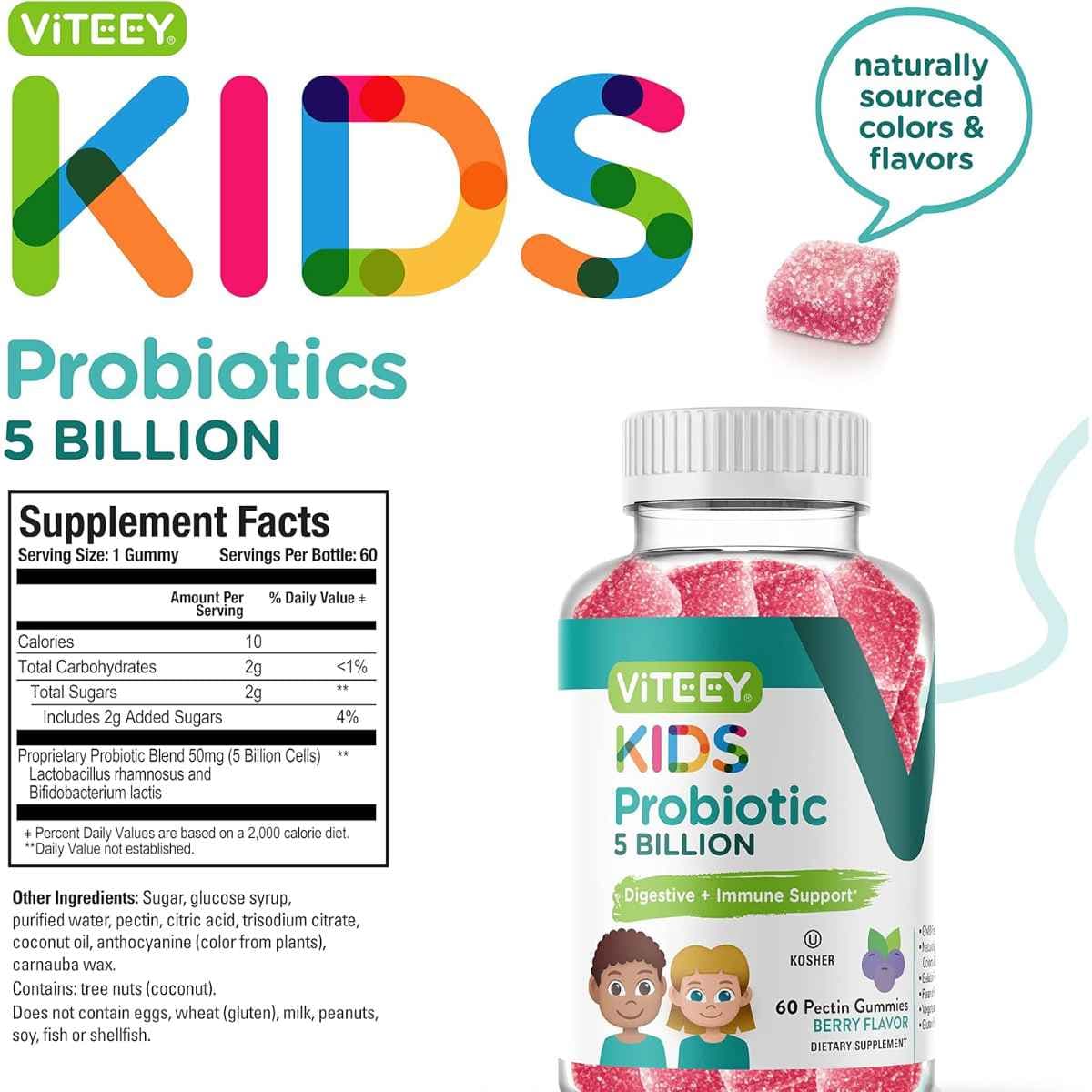 Tabla nutricional del suplemento VITEEY Probióticos para Niños 5 Mil Millones CFU 60 gomitas