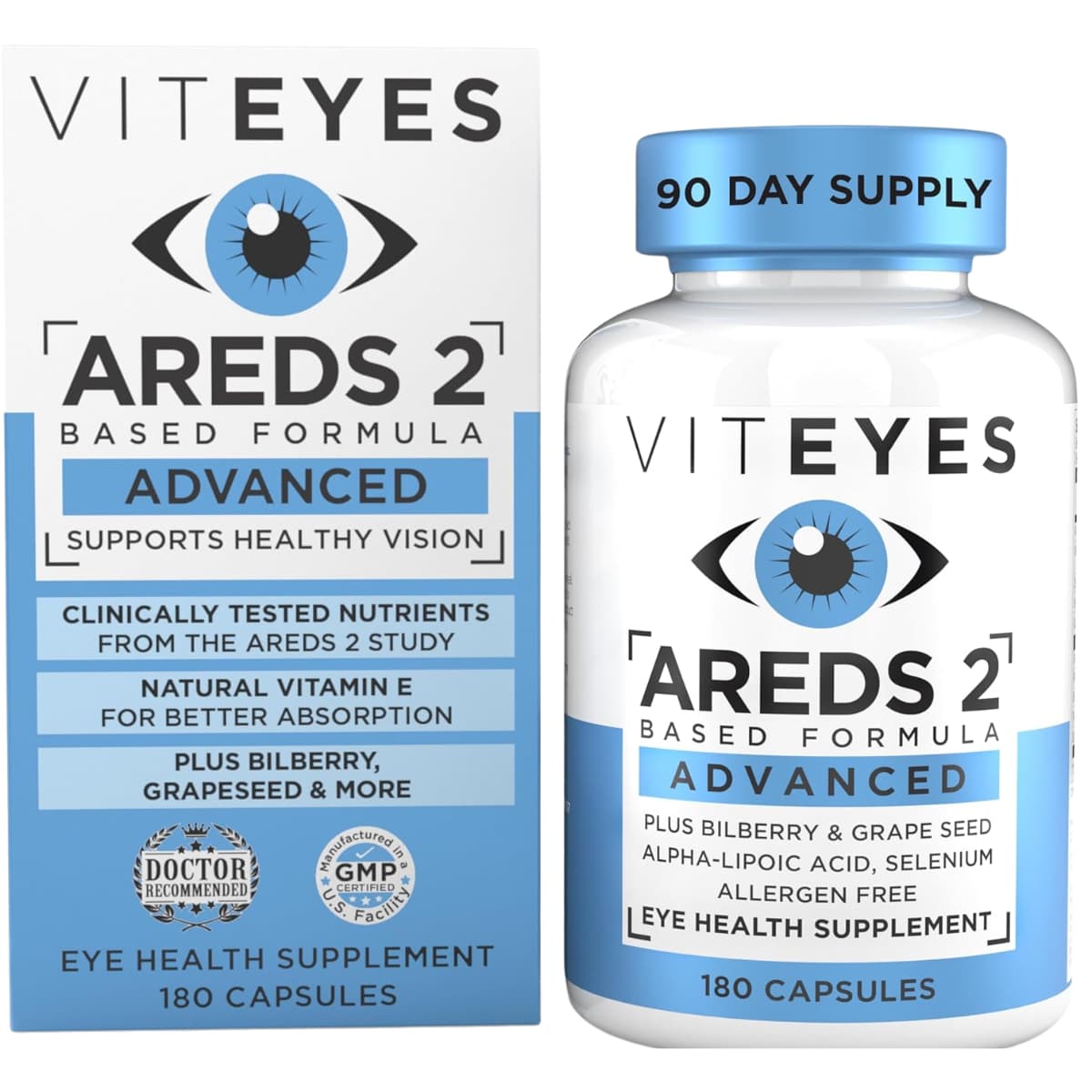 Frasco de suplemento Viteyes Fórmula AREDS 2 Avanzada 180 cápsulas