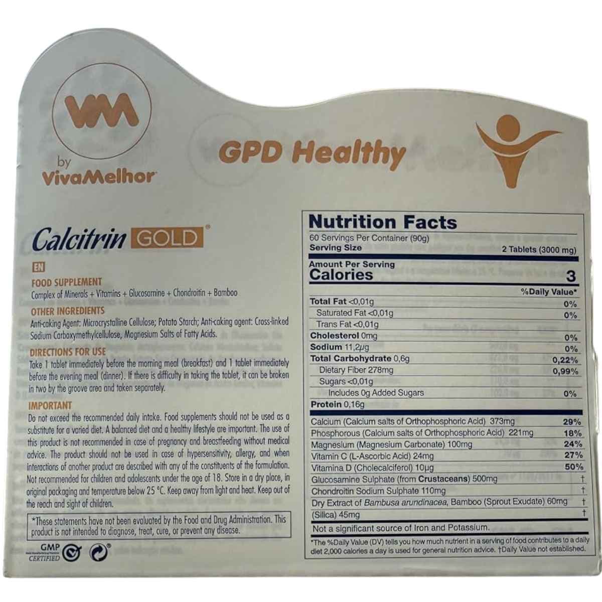 Tabla nutricional del suplemento VivaMelhor Calcitrin Oro 60 tabletas