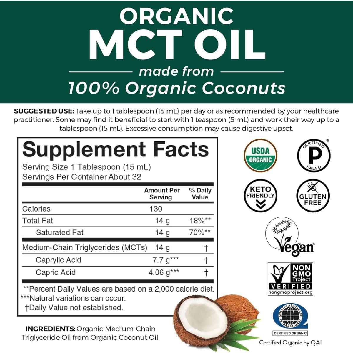 Tabla nutricional del suplemento Viva Naturals Aceite MCT Orgánico 946 ml
