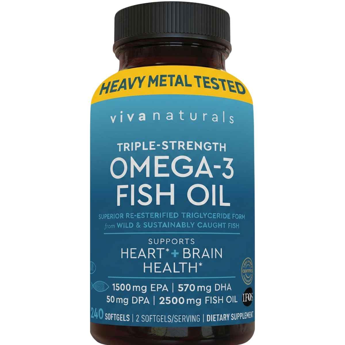 Frasco de Viva Naturals Omega 3 Fish Oil, 240 cápsulas blandas, con vista frontal y etiqueta lateral.