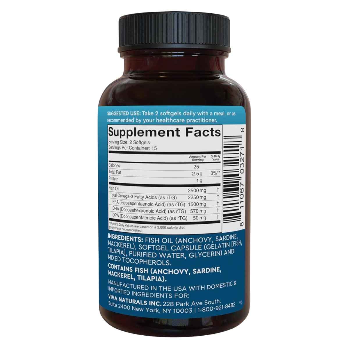 Etiqueta Supplement Facts de Viva Naturals Omega 3 Fish Oil, presentación de 30 cápsulas blandas.