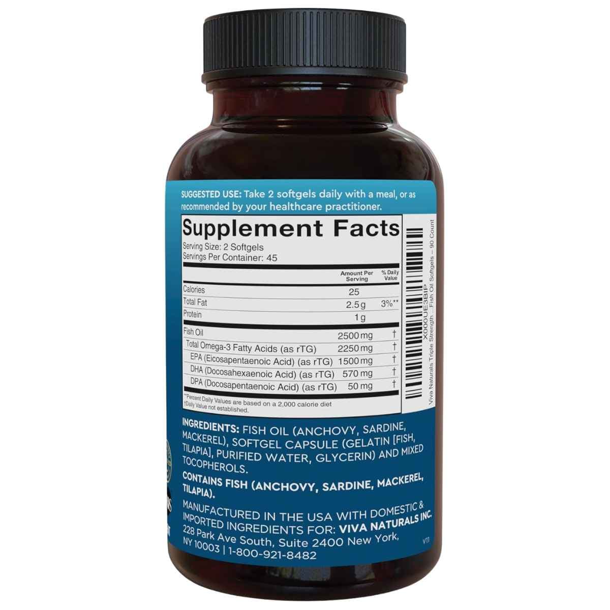 Etiqueta Supplement Facts de Viva Naturals Omega 3 Fish Oil, presentación de 90 cápsulas blandas.