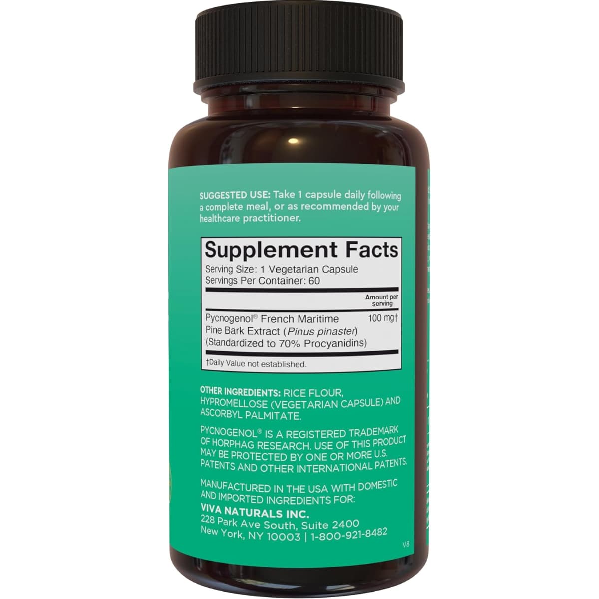 Tabla nutricional del suplemento Viva Naturals Pycnogenol 100 mg 60 cápsulas vegetales