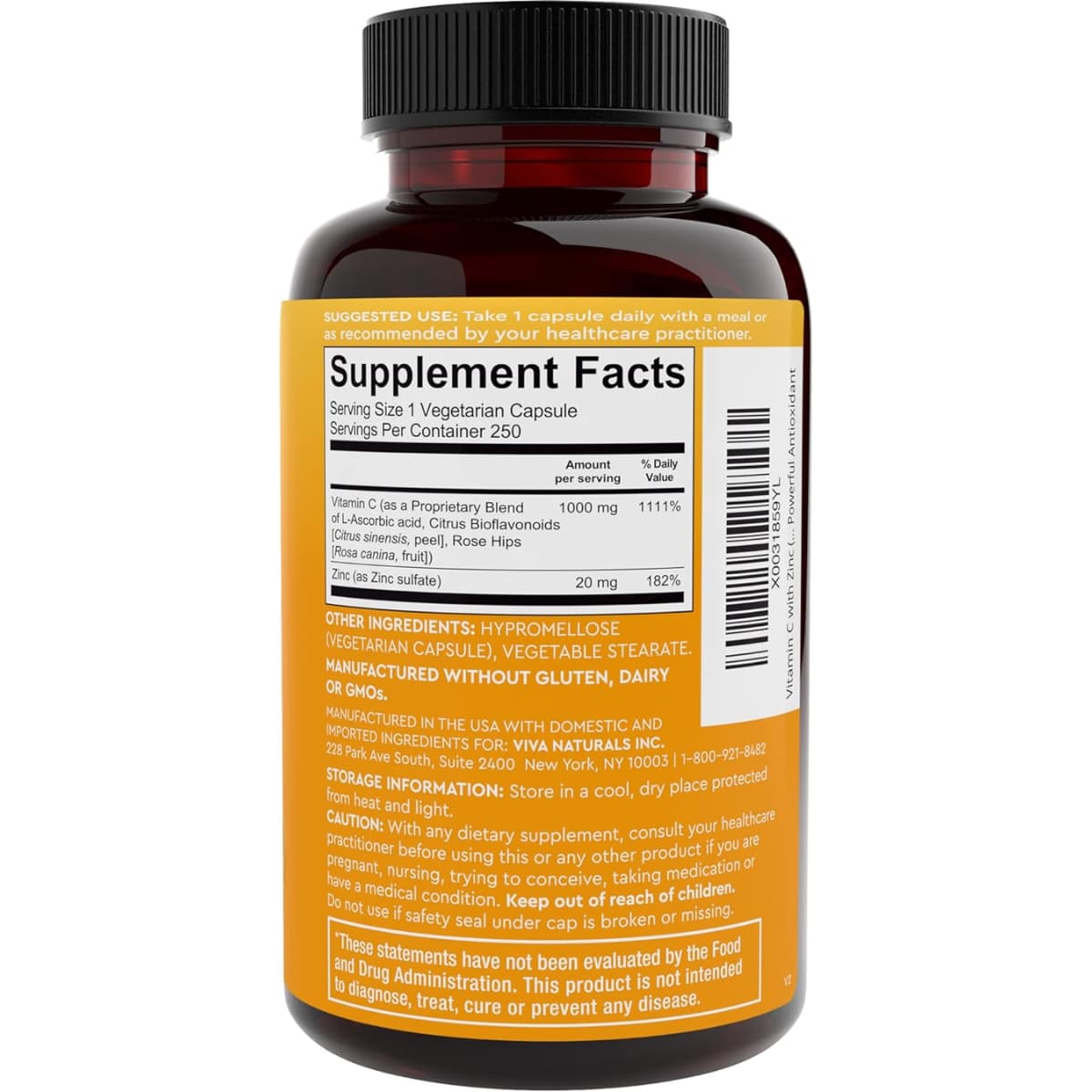 Tabla nutricional del suplemento Viva Naturals Vitamina C y Zinc 250 cápsulas