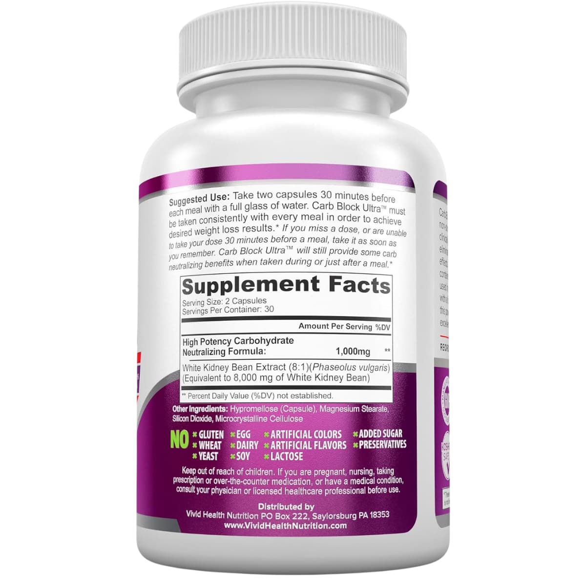 Tabla nutricional del suplemento Vivid Health Nutrition Extracto de Frijol Blanco 60 cápsulas vegetales