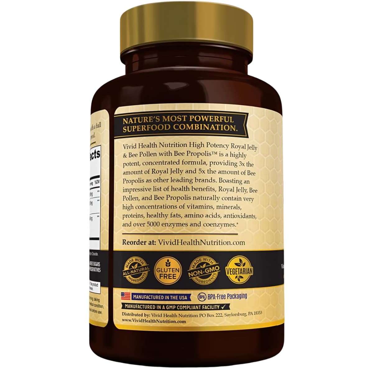 Etiqueta con información del suplemento Vivid Health Nutrition Jalea Real y Polen de Abeja 90 cápsulas