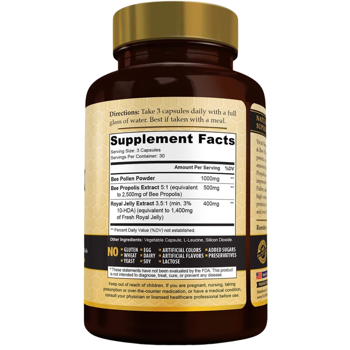 Tabla nutricional del suplemento Vivid Health Nutrition Jalea Real y Polen de Abeja 90 cápsulas