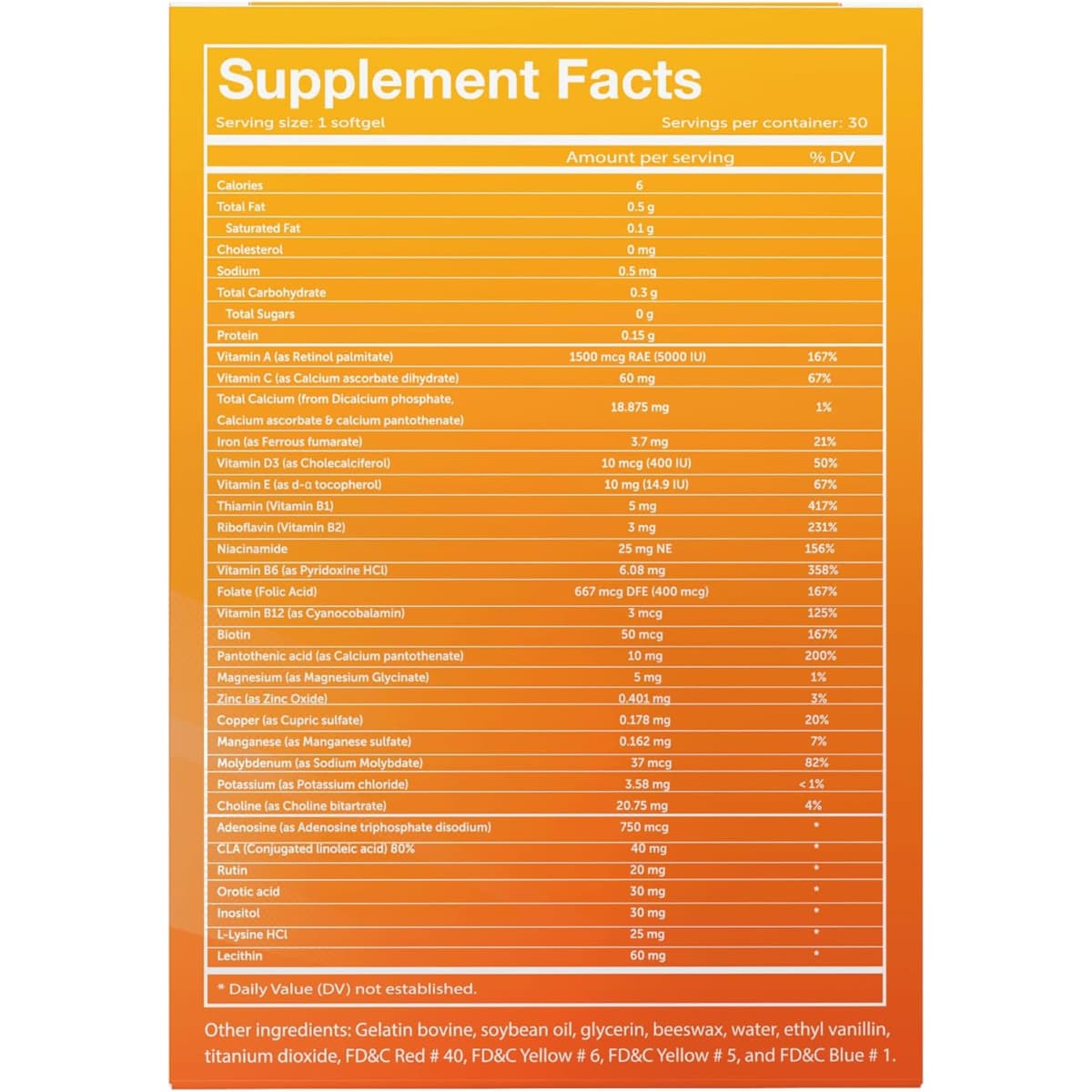 Tabla nutricional del suplemento Vivioptal Multivitamínico Fórmula Alemana 30 cápsulas blandas