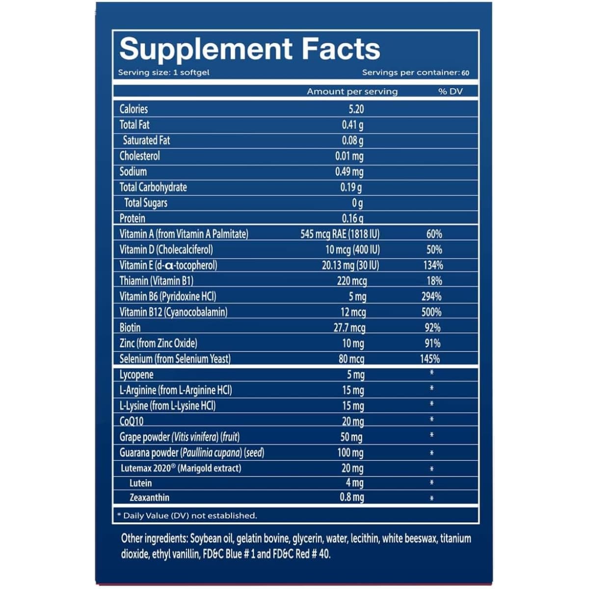 Tabla nutricional del suplemento Vivioptal Protect para Hombres 60 cápsulas blandas