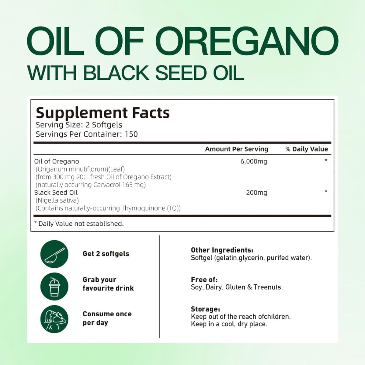 Tabla nutricional del suplemento Vivonu Aceite de Orégano con Aceite de Comino Negro 300 cápsulas blandas