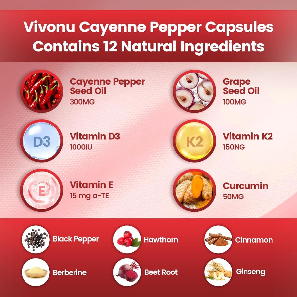 Tabla nutricional del suplemento Vivonu Pimienta de Cayena 3000 mg 240 Cápsulas Blandas