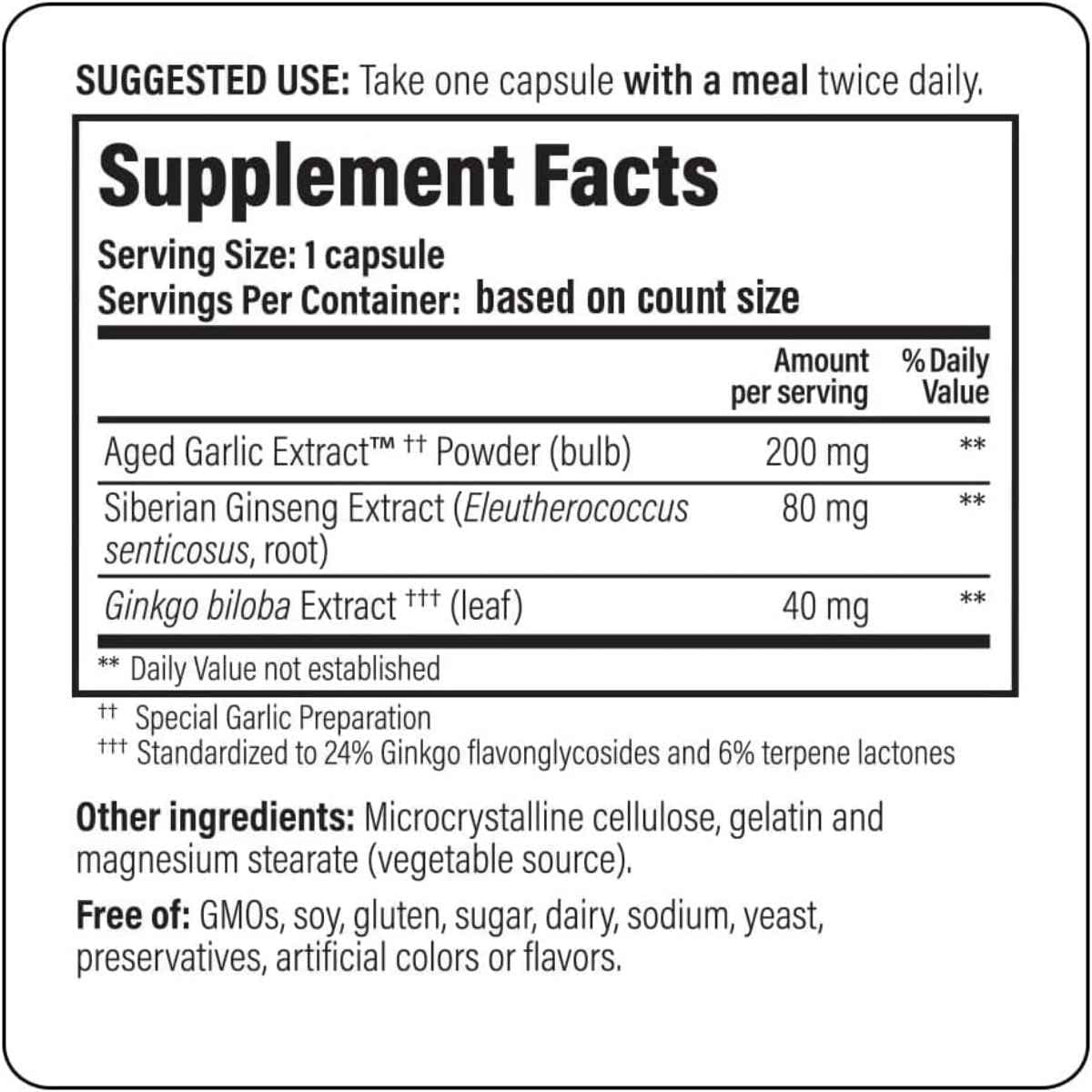 Tabla nutricional del suplemento Wakunaga Kyolic Memoria Cerebral 90 cápsulas