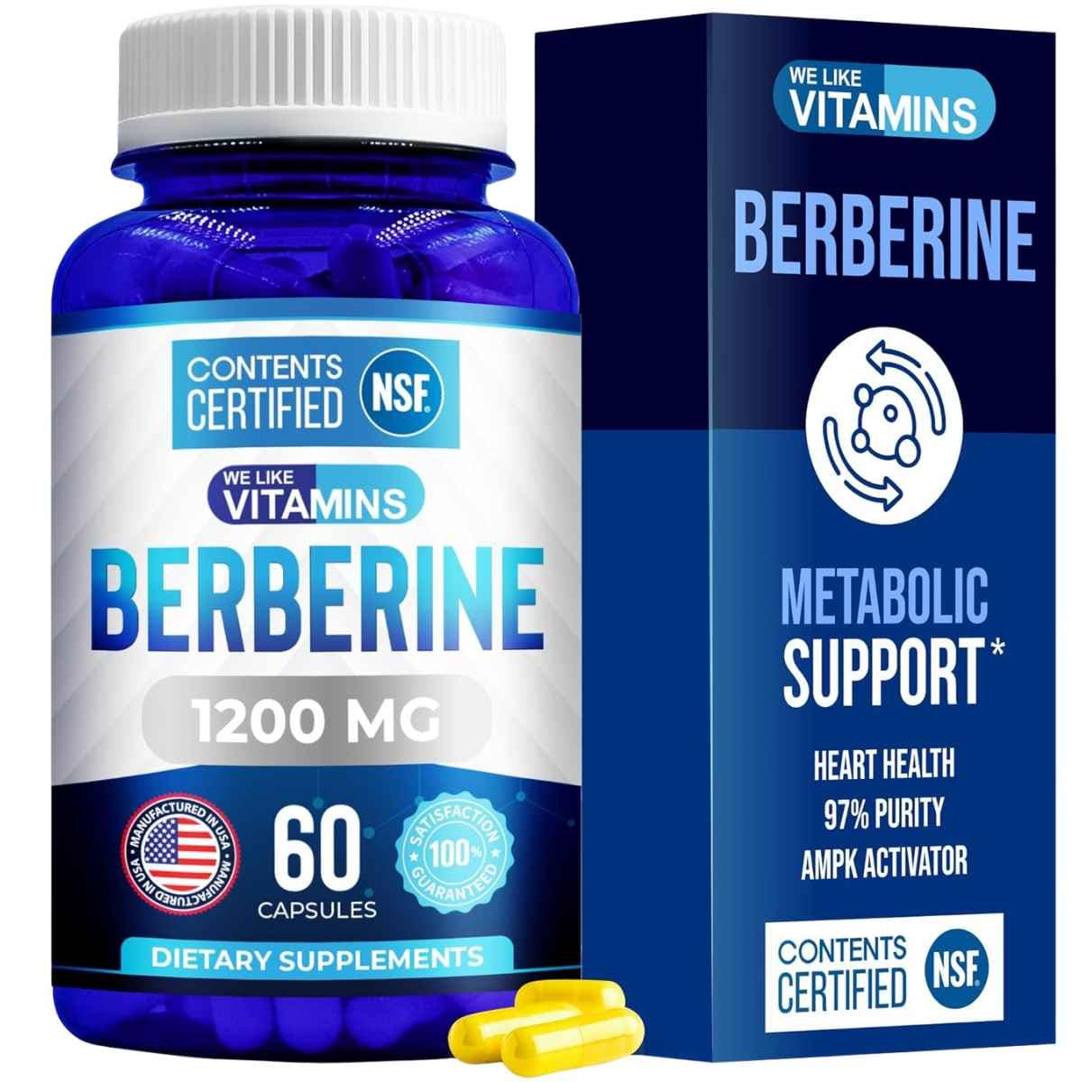 Frasco de suplemento We Like Vitamins Berberina HCL 1200 mg 60 cápsulas