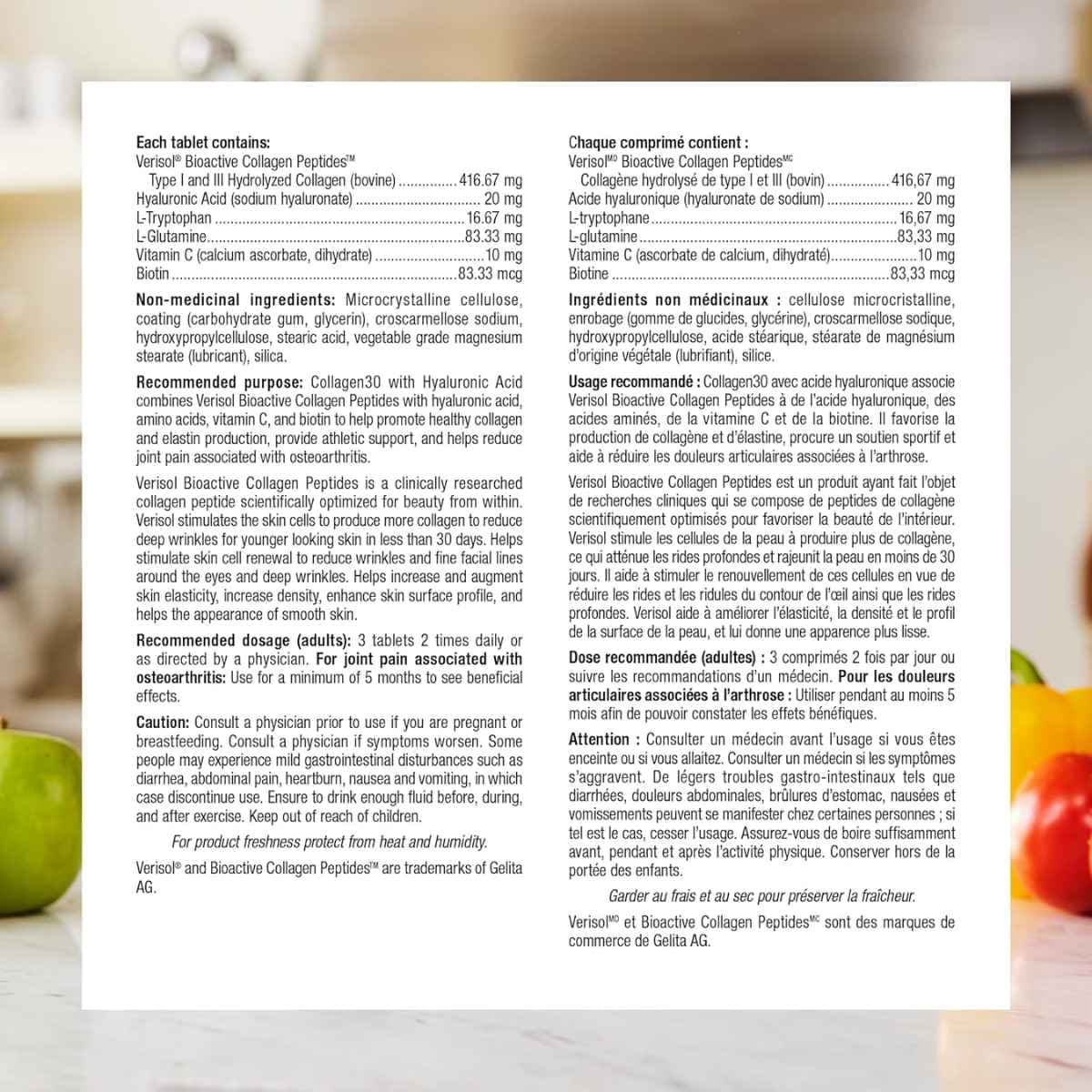 Tabla nutricional del suplemento Webber Naturals Colágeno con Ácido Hialurónico 180 tabletas