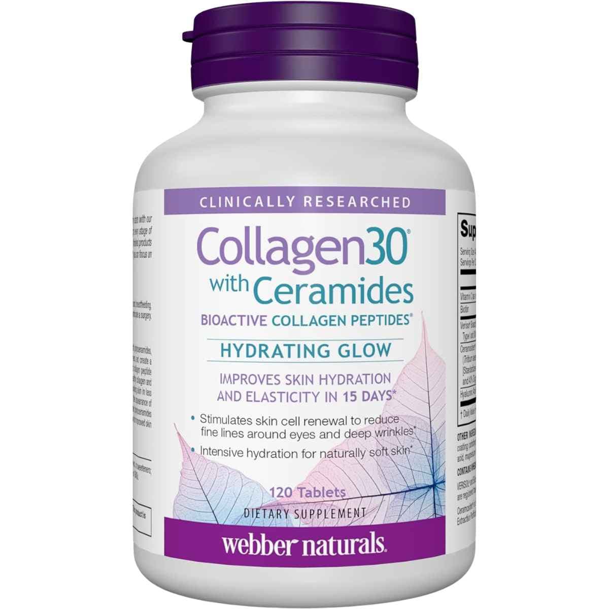 Frasco de suplemento Webber Naturals Colágeno con Ceramidas 120 tabletas