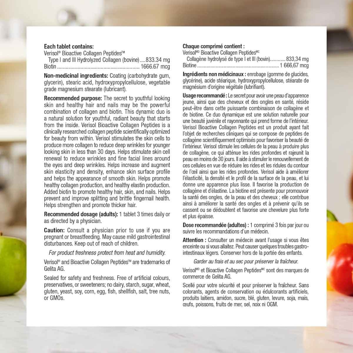 Tabla nutricional del suplemento Webber Naturals Colágeno y Biotina 120 tabletas