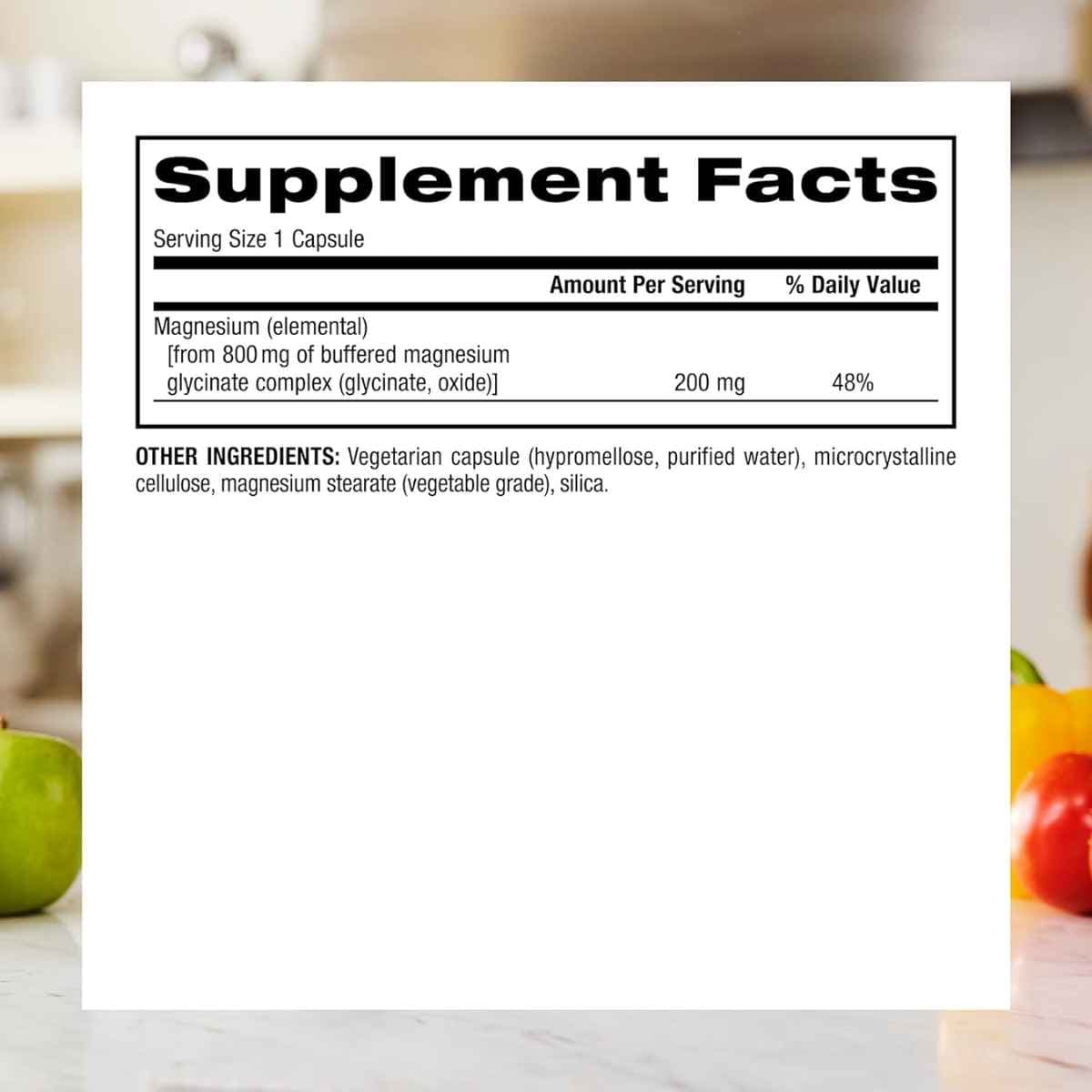 Tabla nutricional del suplemento Webber Naturals Glicinato de Magnesio 120 cápsulas