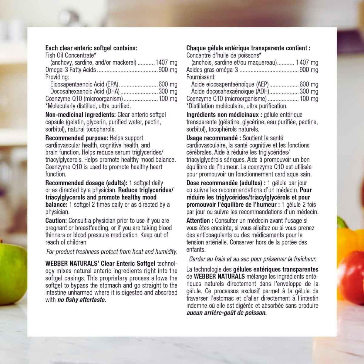 Tabla nutricional del suplemento Webber Naturals Omega-3 con CoQ10 80 cápsulas blandas