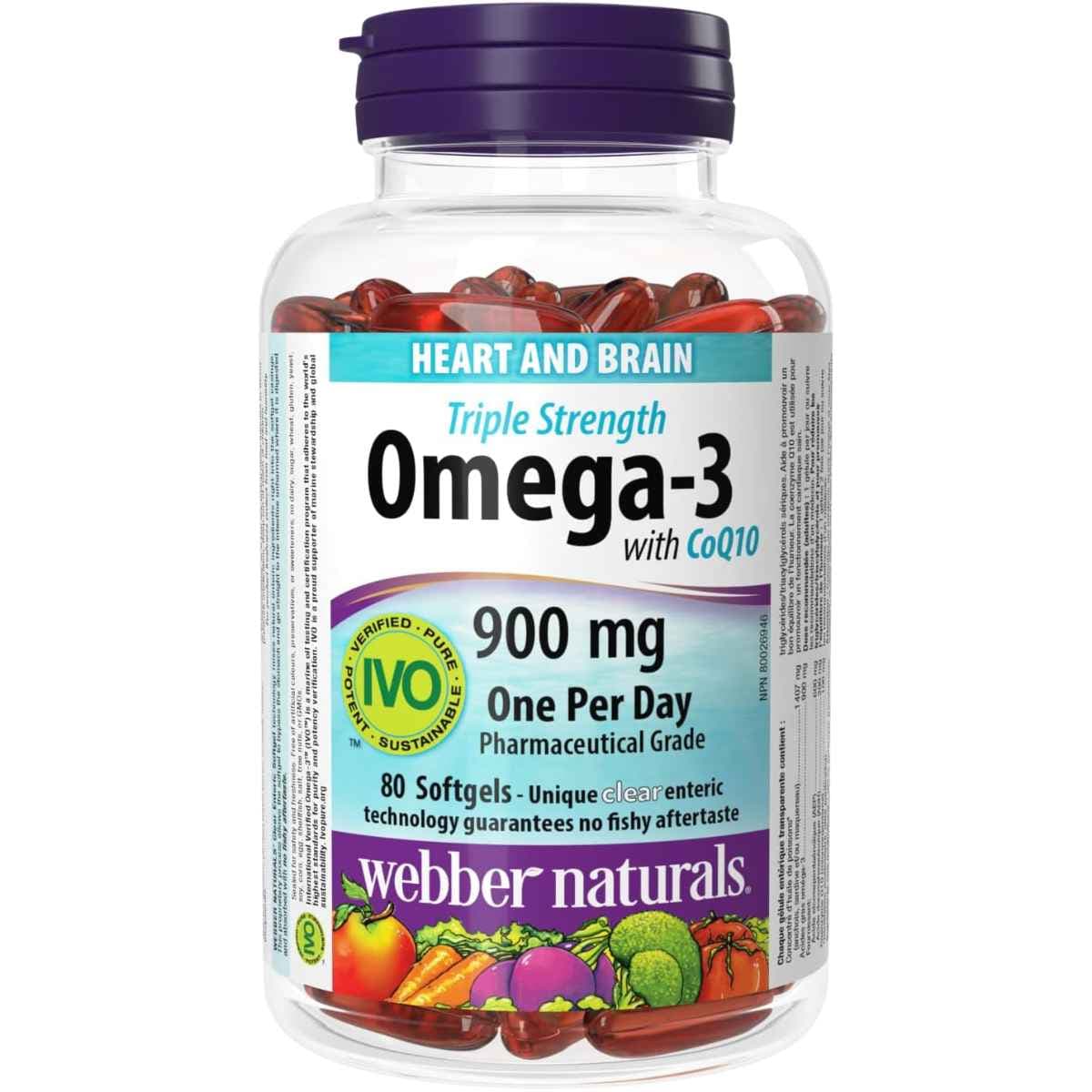 Frasco de suplemento Webber Naturals Omega-3 con CoQ10 80 cápsulas blandas