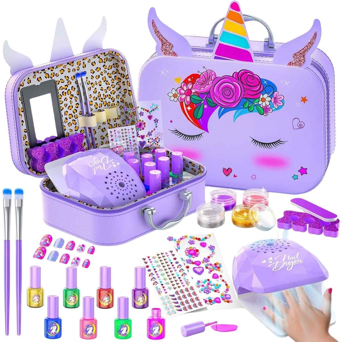 Kit infantil Websonaw morado para decoración de uñas con estuche de unicornio y accesorios
