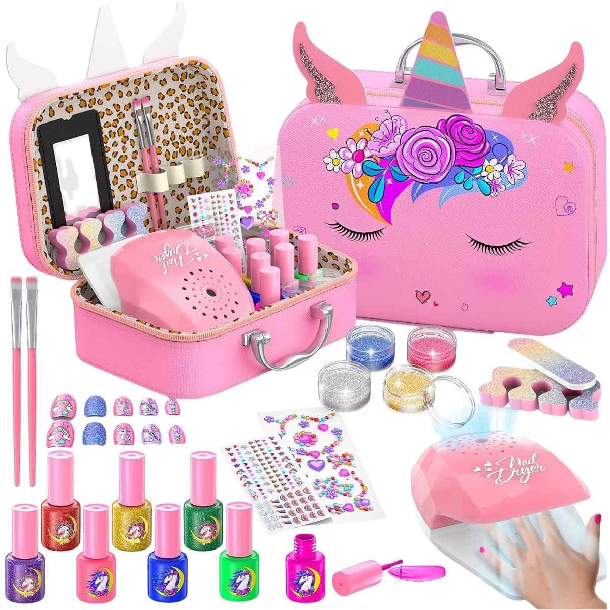 Kit infantil Websonaw rosa para decoración de uñas con estuche de unicornio y accesorios