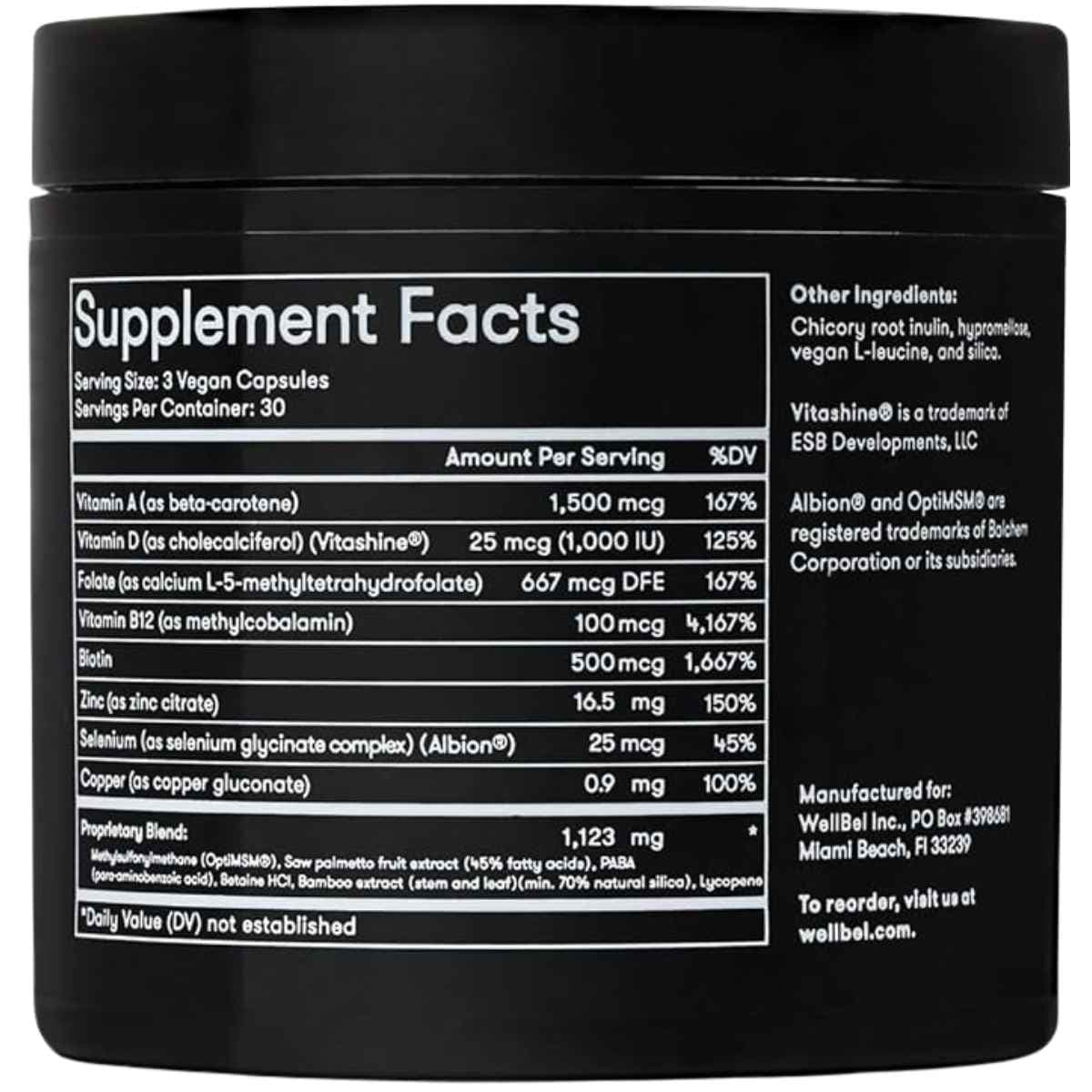 Tabla nutricional del suplemento Wellbel Mezcla para el Cabello 90 cápsulas
