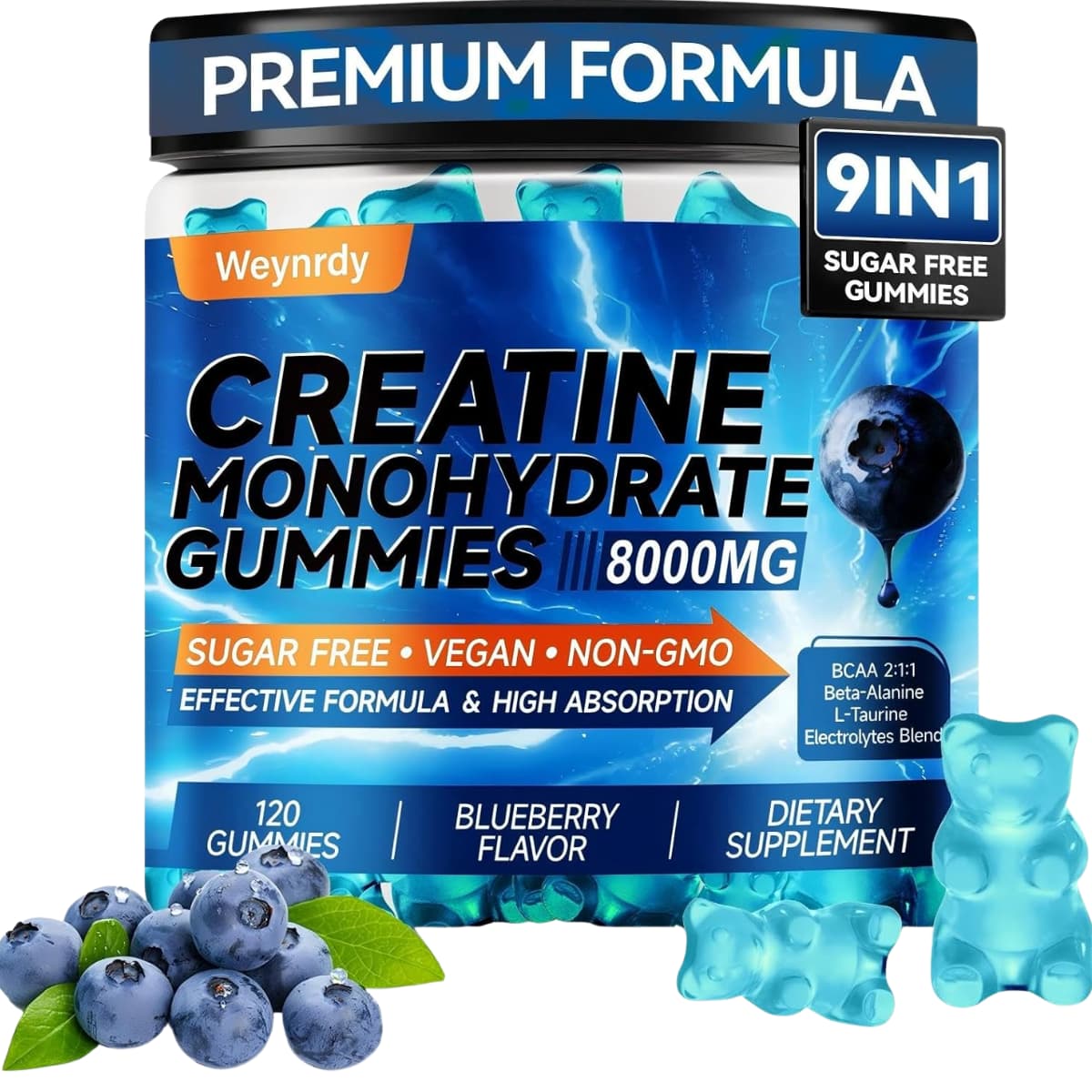 Frasco de suplemento Weynrdy Creatina Monohidrato 5000 mg 120 gomitas